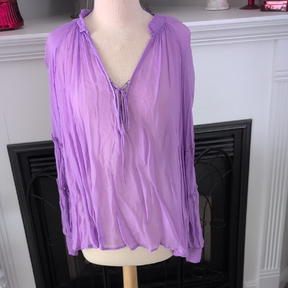 Free People Sheer Lavender Tie-Front Blouse Size Small New